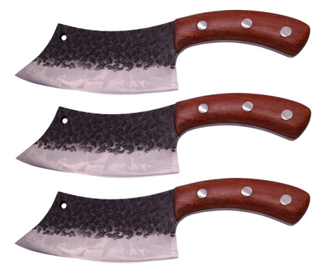 IdeallStore® Комплект от три месарски ножа, ръчна изработка, 26 см, дървена дръжка, кожена кания