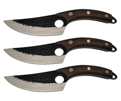 IdeallStore® Комплект от три месарски ножа, ръчна изработка, 27,5 см, кафяви, с кожена дръжка