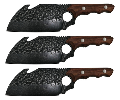 IdeallStore® Комплект от три ръчно изработени месарски ножа 26,5 см дървена дръжка черна