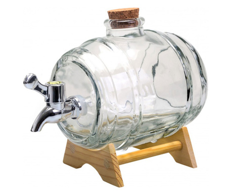 Диспенсър за алкохол тип буре Liberta, Стъклен, Дървена стойка, 1L, 20.5 х 12.3 х 15 cm
