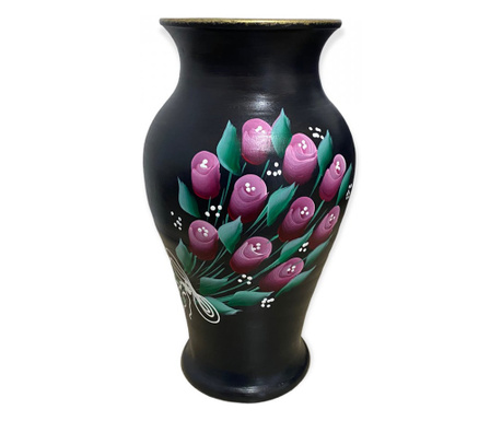 Vaza ceramica neagra pictata manual,buchet, 30 cm