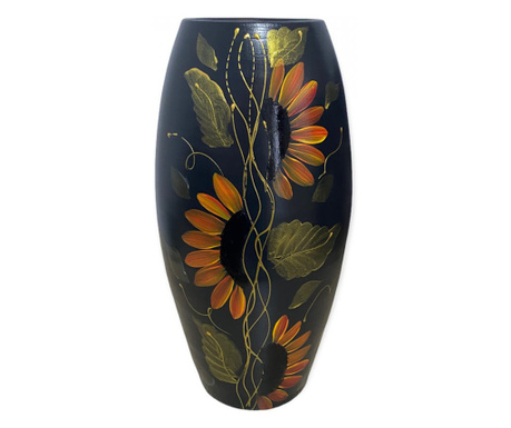 Vaza ceramica neagra pictata manual,floarea soarelui,30cm