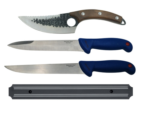 Месарски комплект IdeallStore®, готварски ножове, ножове за пробождане и магнитен държач, неръждаема стомана