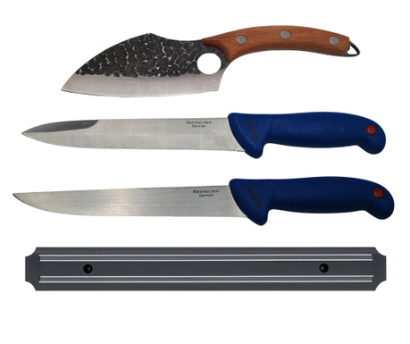 Месарски комплект IdeallStore®, готварски ножове, ножове за пробождане и магнитен държач, неръждаема стомана