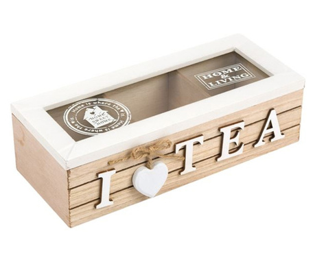 Кутия за чай, С капак, Дърво, Стъкло, 24x10x7 см, Бежов