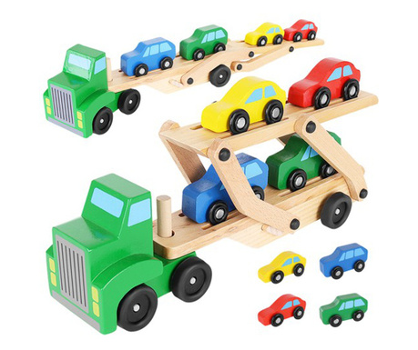 Дървен камион за игра - ремарке + комплект коли