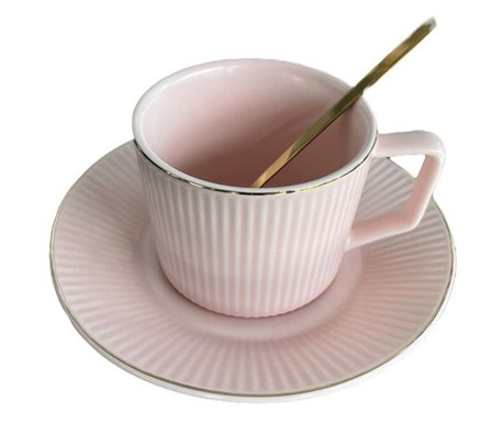 Сет чашка, чинийка и лъжичка, розов цвят, 200 мл