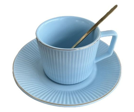 Сет чашка, чинийка и лъжичка, син цвят, 200 мл