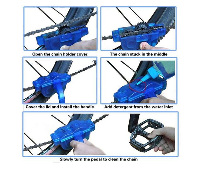 Инструмент за почистване на велосипедна верига с 6 въртящи се четки, Blue