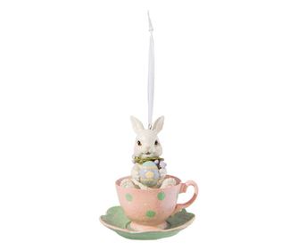 Decoratiune Paste Iepuras cu ou in canuta, cu agatatoare, 11 cm