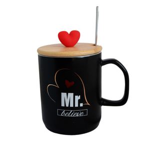 Mr Believe kerámia bögre Pufo Believe bambusz fedéllel kávéhoz vagy teához, 340 ml, fekete