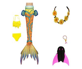 Комплект от 6 части бански костюм Mermaid Princess Ariel THK®, опашка на русалка, слипове, горнище, гривна, корона и перка за фи