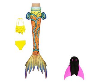 Σετ 4 τεμαχίων Mermaid Princess Ariel THK® Στολή, ουρά γοργόνας, σλιπ, τοπ και Swimmer για στερέωση της ουράς, Solar Yellow, 140