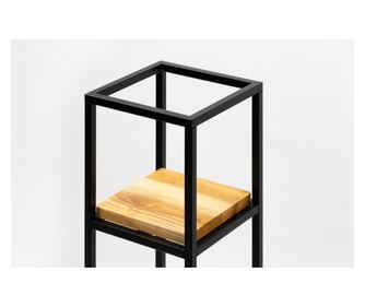 Suport etajera ghiveci flori Anet S din metal negru, cu polita din stejar, 23x23x60 cm, cod 111038
