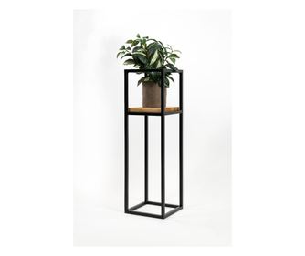 Suport etajera ghiveci flori Anet M din metal negru, cu polita din stejar, 23x23x75 cm, cod 111039