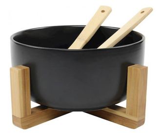 Bol salata Black Rail, ceramica, suport bambus, 20 x 10 cm