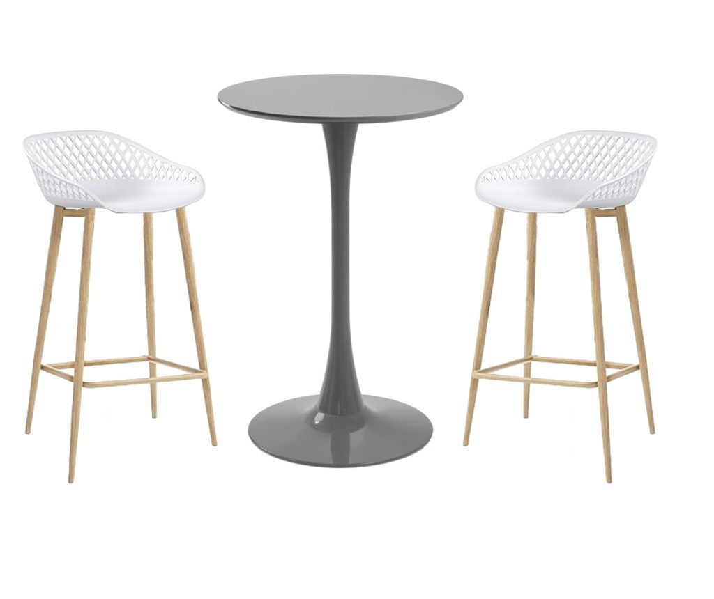 RAKI Bar Table and Stool Set, 3 Pieces, Grey Round Table D60xh110cm and 2 White Toyama Stools 48x47xh95cm