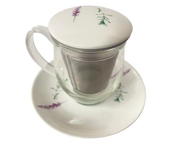 Bögre infúzióval, tányér és fedél, Tea, Üveg/rozsdamentes acél/Porcelán, Levendula nyomat, 350 ml, Természet/Virágmintás