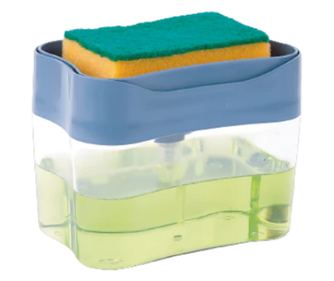 Dozator de detergent lichid sau dezinfectant 2 in 1, Cu suport si burete de bucatarie, 380 ml, 14 x 11 x 9 cm, Transparent