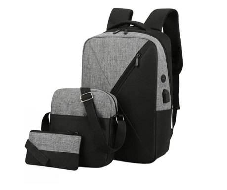 Set calatorie, rucsac, geanta si plic pentru adulti, 3 in 1, cablu USB, rezistent la apa, 2 culori, gri si negru