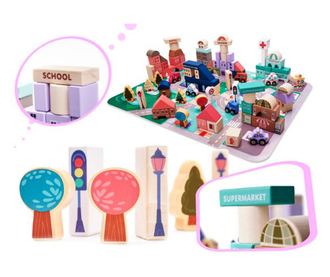 Set 135 piese, cuburi de constructie din lemn pentru copii, CityDream, 55 x 42 cm, 3 ani +