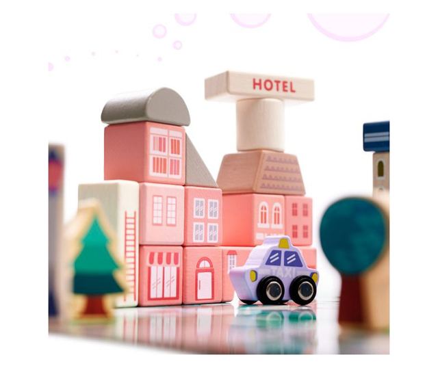 Set 135 piese, cuburi de constructie din lemn pentru copii, CityDream, 55 x 42 cm, 3 ani +