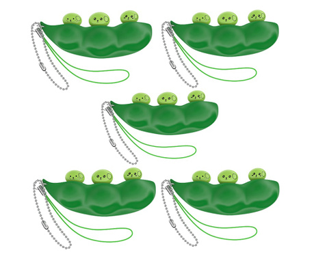 Set cinci jucarii antistres IdeallStore®, pastaie de mazare, tip breloc, 6.5 cm, verde