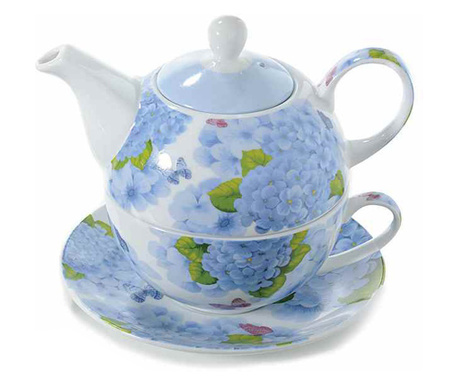 Teáskanna készlet csészével és csészealjjal kék díszítésű porcelánból 16 cm x 15 cm x 14 h
