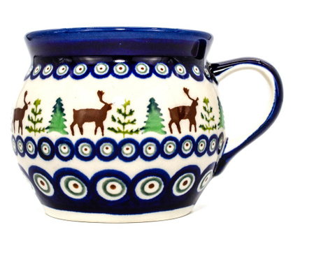 Cana pentru cafea/ceai/vin fiert Reindeer in forma de "balon", ceramica smaltuita, pictata manual, 420 ml