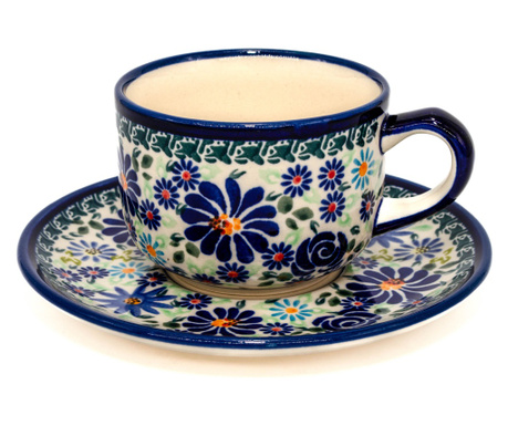Ceasca pentru cafea cu farfurie Floral-Fireworks, ceramica smaltuita, pictata manual, 210 ml