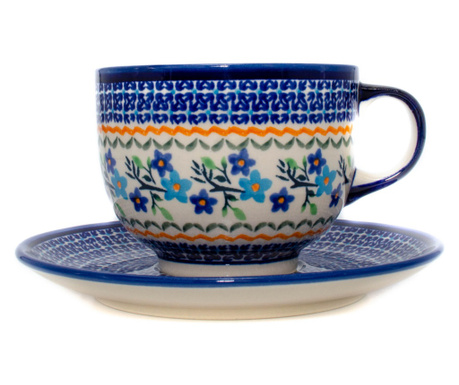 Ceasca pentru cafea cu farfurie Basket of Blue ceramica smaltuita, pictata manual, 500 ml