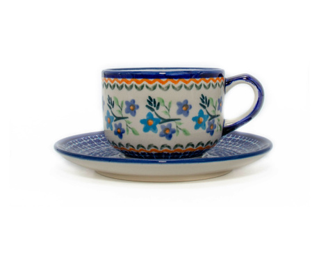 Ceasca pentru cafea cu farfurie Basket of Blue, ceramica smaltuita, pictata manual, 210 ml