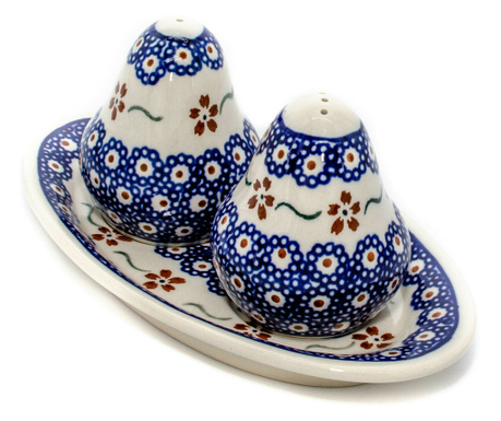 Set 2 recipiente sare si piper cu tava Flowery, ceramica smaltuita, Zaliano, pictata manual, 6,4/18,4 x 10,4 cm