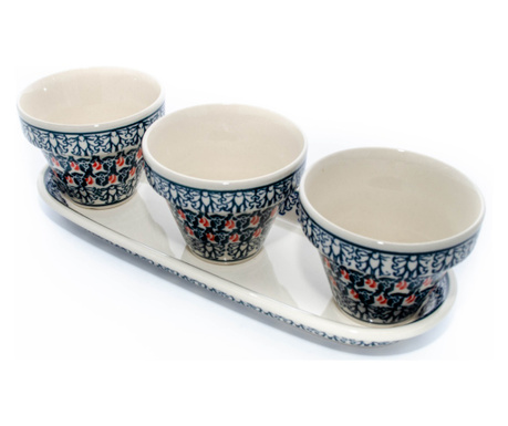 Set trei ghivece cu farfurie Flower Bed, ceramica smaltuita, pictata manual, 8,0 x 19,0 cm, Zaliano