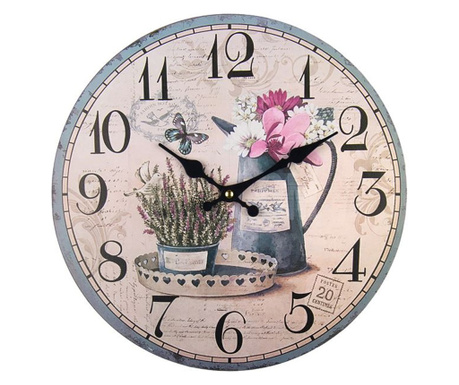 Часовник Home, Стенен, Кръгла форма, Черни цифри, Дизайн на цветя, MDF, 33,8x2 см, Розов/Черен