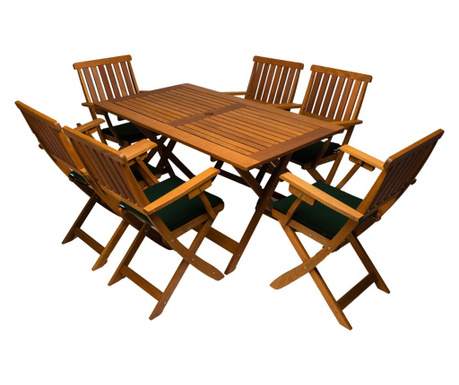 Set masa cu 6 scaune pliabile cu brate si perne Bremen, lemn,75x134,9x72,5 cm