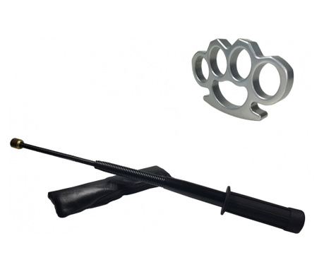 Комплект черна гъвкава телескопична дръжка от тръстика тонфа 47 см + сребърен бокс с дебелина 1 см