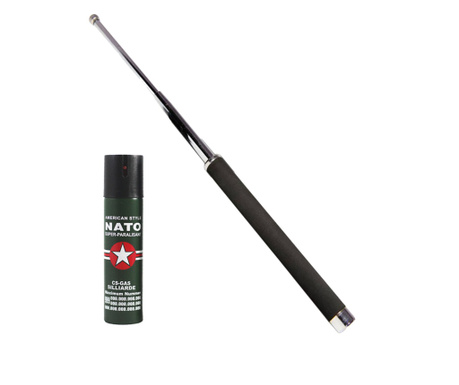 IdeallStore® комплект за самозащита, телескопична пръчка 65 см и парализиращ спрей струя 60 мл