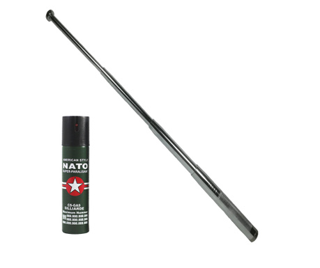 IdeallStore® комплект за самозащита, състоящ се от телескопична пръчка 65 см и струен спрей 60 мл