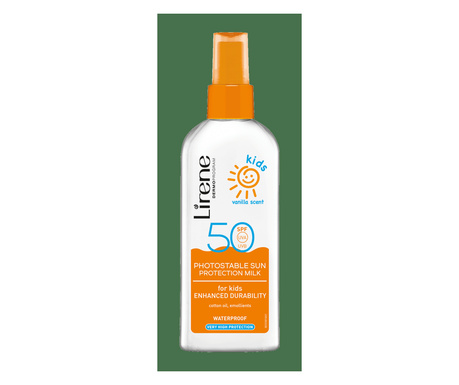 LIRENE SUN - Lapte de corp fotostabil pentru copii, cu factor ridicat de protectie solara SPF 50 si parfum de vanilie, 150ml