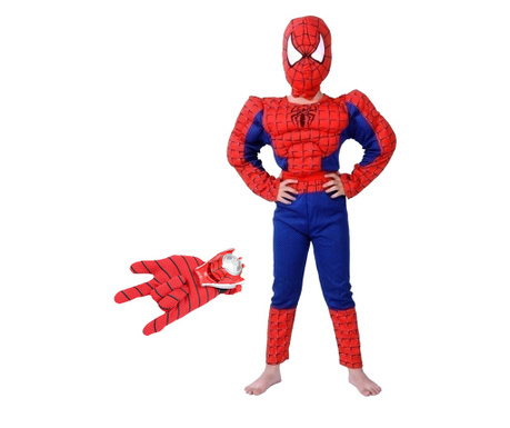 IdeallStore® Класически комплект костюми на Спайдърмен с мускалчета, 5-7 години, 110-120 см, червен, с ръкав с диск