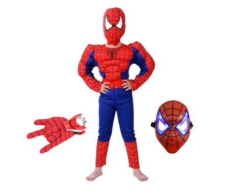 Класически костюм Спайдърмен комплект с мускули IdeallStore®, 7-9 години, 110-120 см, червен, дискова ръкавица и LED маска