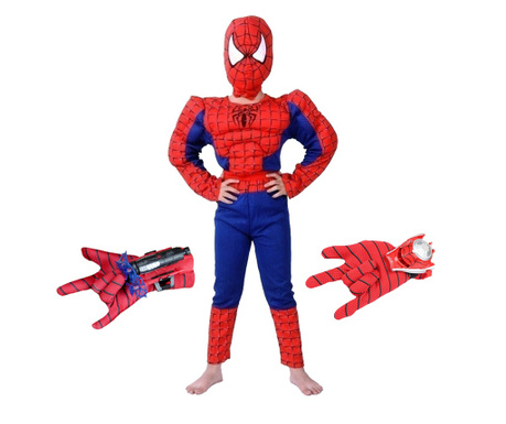 Комплект класически мускулен костюм Спайдърмен, 5-7 години, 110-120 см, два пускови установки
