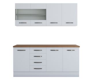 Bucatarie Alfa 180, cu vitrina, alb, blat termic nuc