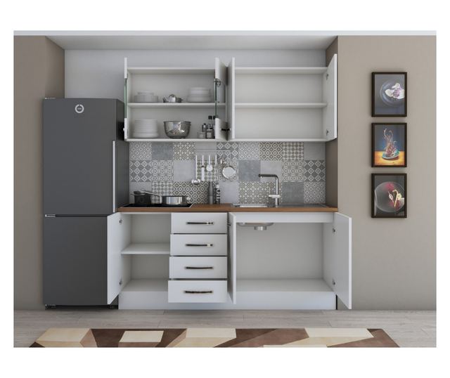Bucatarie Alfa 180, cu vitrina, alb, blat termic nuc