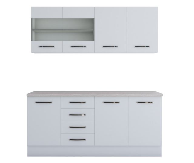 Bucatarie Alfa 180, cu vitrina, alb, blat termic travertin