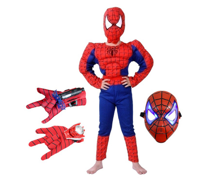 IdeallStore® Класически комплект костюми на Спайдърмен с мъх, 7-9 години, 120-130 см, маншет, дискове и LED маска
