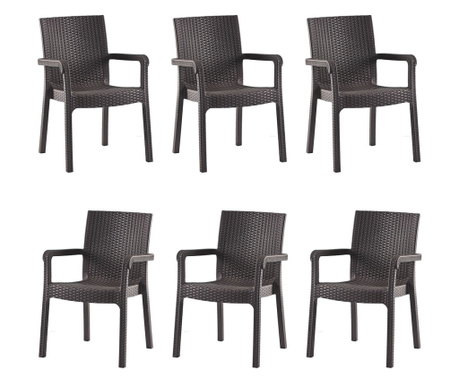 RAKI MARKIZ Set 6 scaune cu brate maro, plastic aspect ratan, 57х57хh87cm