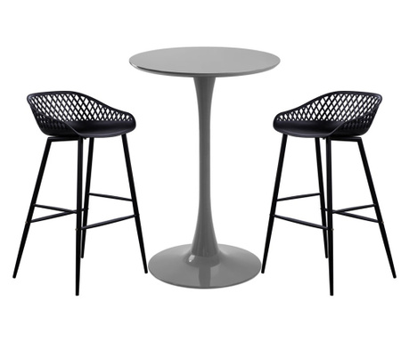 Set mobilier bar RAKI, masa rotunda gri D60xh110cm si 2 scaune Toyama negre 48x47xh95cm