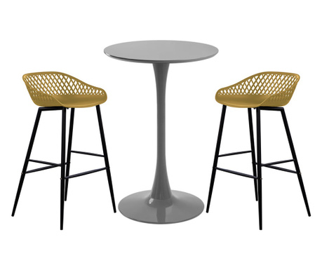 Set mobila bar RAKI, masa rotunda gri D60xh110cm si doua scaune Toyama galben/negru 48x47xh95cm